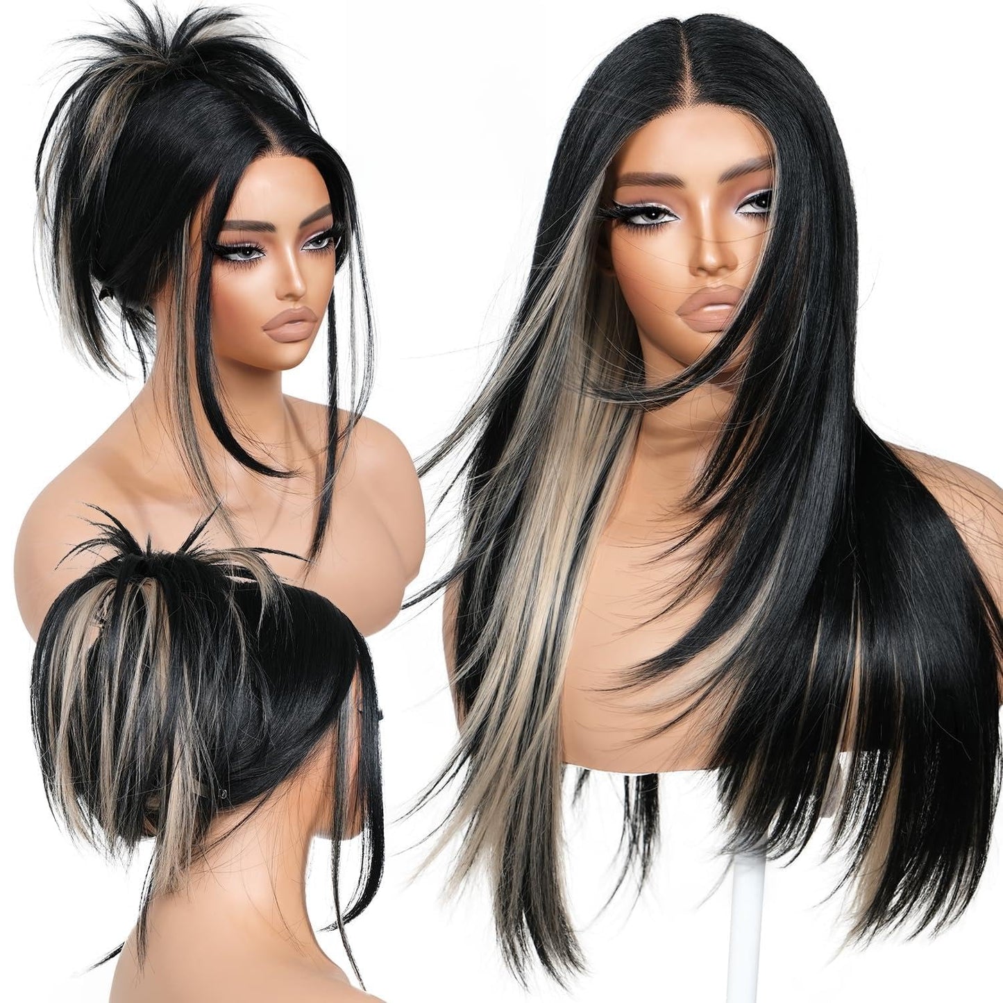 ✨ 3-Second Glueless Wig – Pre-Cut, Pre-Plucked, Long Straight Highlights