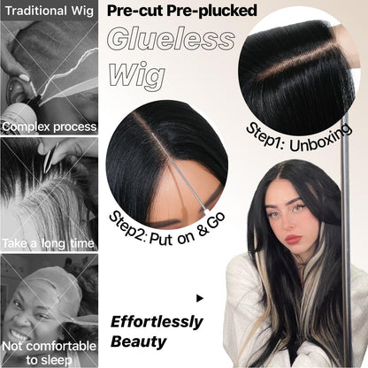 ✨ 3-Second Glueless Wig – Pre-Cut, Pre-Plucked, Long Straight Highlights